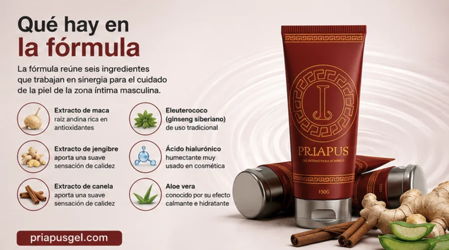 Priapus Gel — fórmula con maca, jengibre, canela, ácido hialurónico y aloe vera